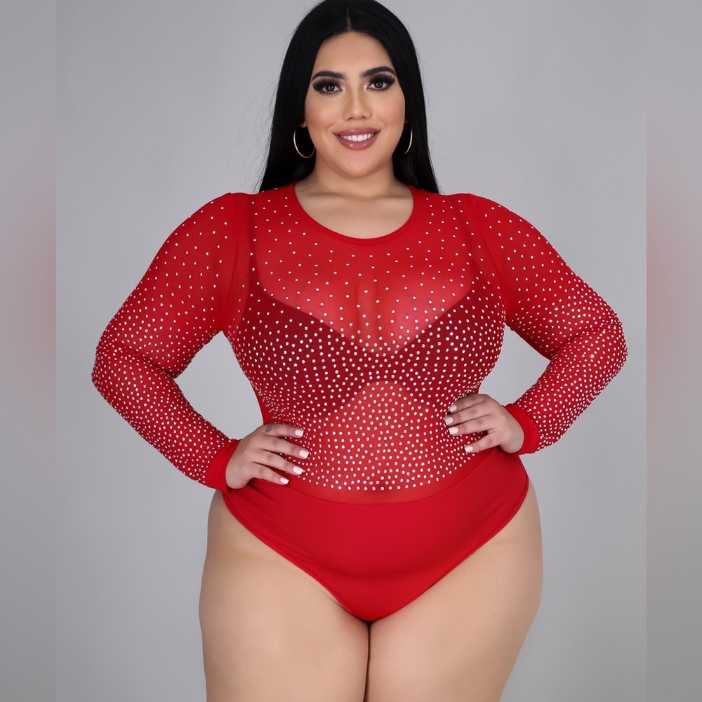 Red Rhinestone Embellished Sheer Top